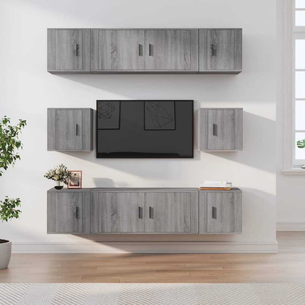 8-Delige Tv-Meubelset Bewerkt Hout Eikenkleurig Grijs sonoma