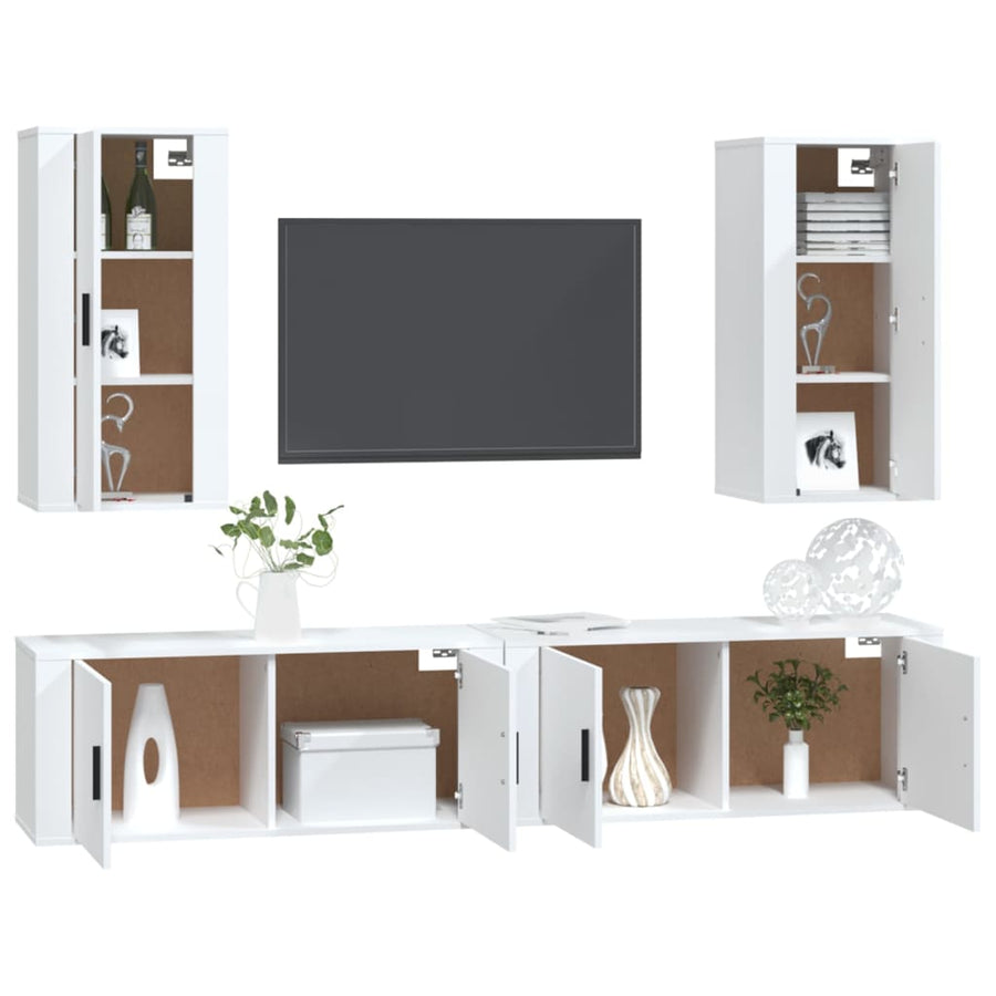 4-Delige Tv-Meubelset Bewerkt Hout Wit