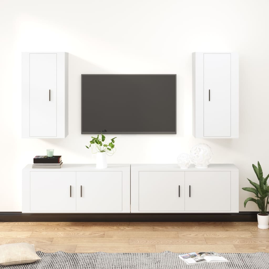 4-Delige Tv-Meubelset Bewerkt Hout Wit