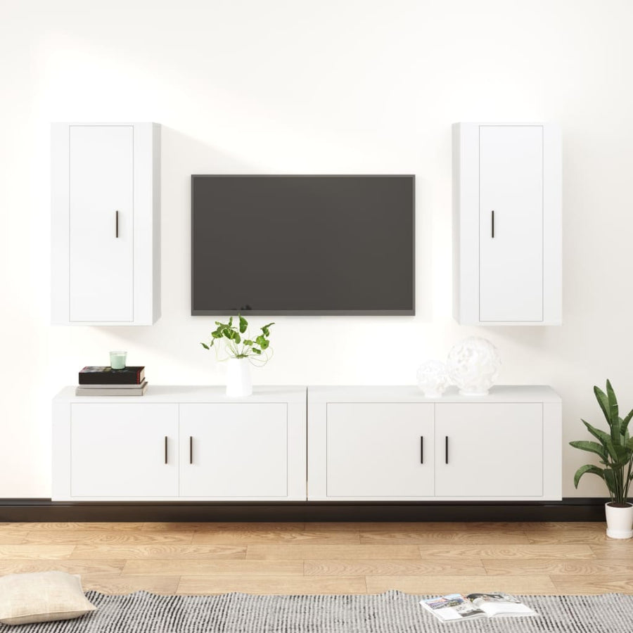 4-Delige Tv-Meubelset Bewerkt Hout Wit