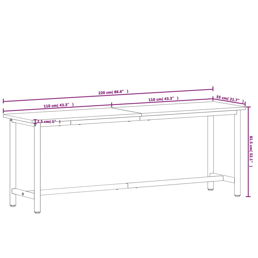 Werkbank 220x55x81,5 cm massief beukenhout en metaal 220 x 55 x 81.5 cm