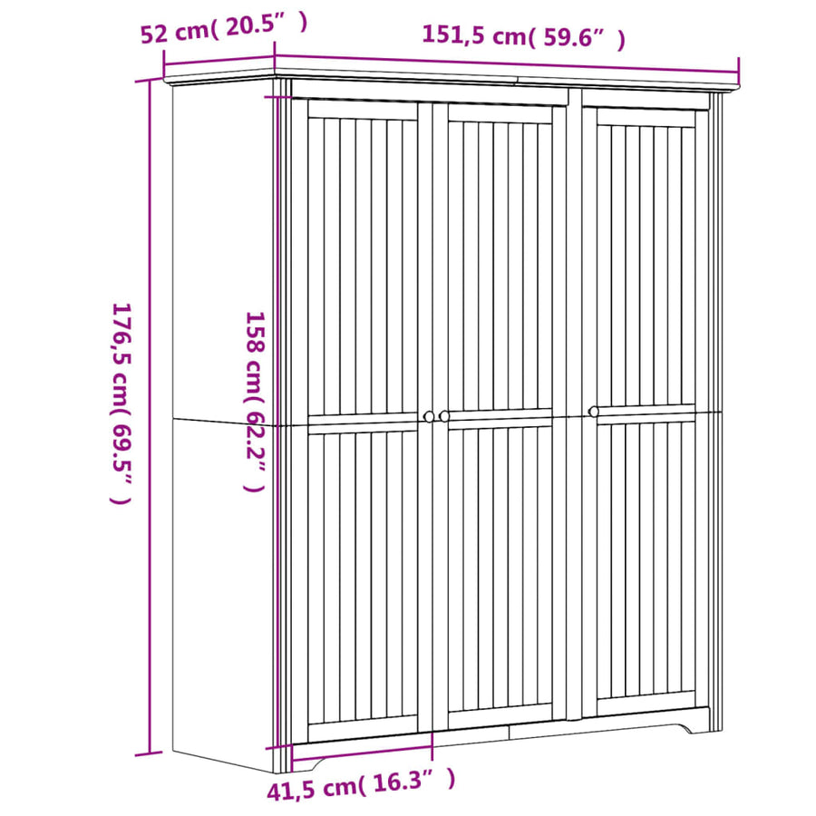 Kledingkast Bodo 151,5X52X176,5 Cm Massief Grenenhout Wit Bruin