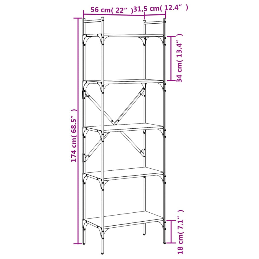 Boekenkast 5-Laags 56X31,5X174 Cm Bewerkt Hout Zwart