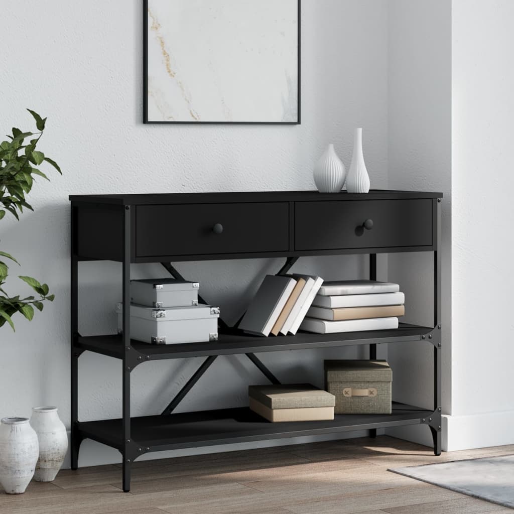 Wandtafel Met Lades En Schappen Bewerkt Hout Zwart