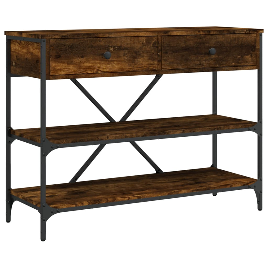 Wandtafel Met Lades En Schappen Bewerkt Hout Gerookt Eikenkleur