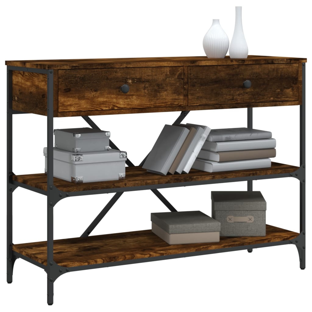 Wandtafel Met Lades En Schappen Bewerkt Hout Gerookt Eikenkleur