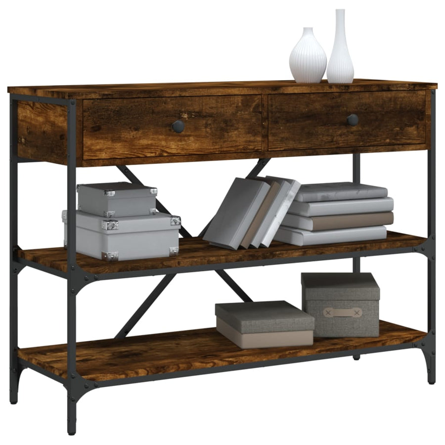 Wandtafel Met Lades En Schappen Bewerkt Hout Gerookt Eikenkleur