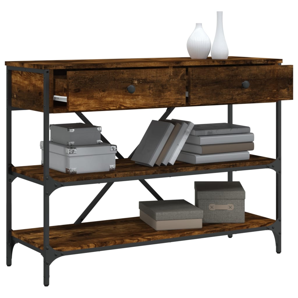 Wandtafel Met Lades En Schappen Bewerkt Hout Gerookt Eikenkleur