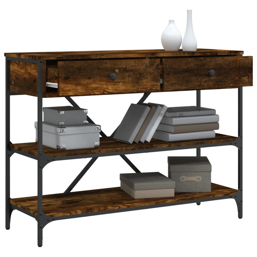 Wandtafel Met Lades En Schappen Bewerkt Hout Gerookt Eikenkleur
