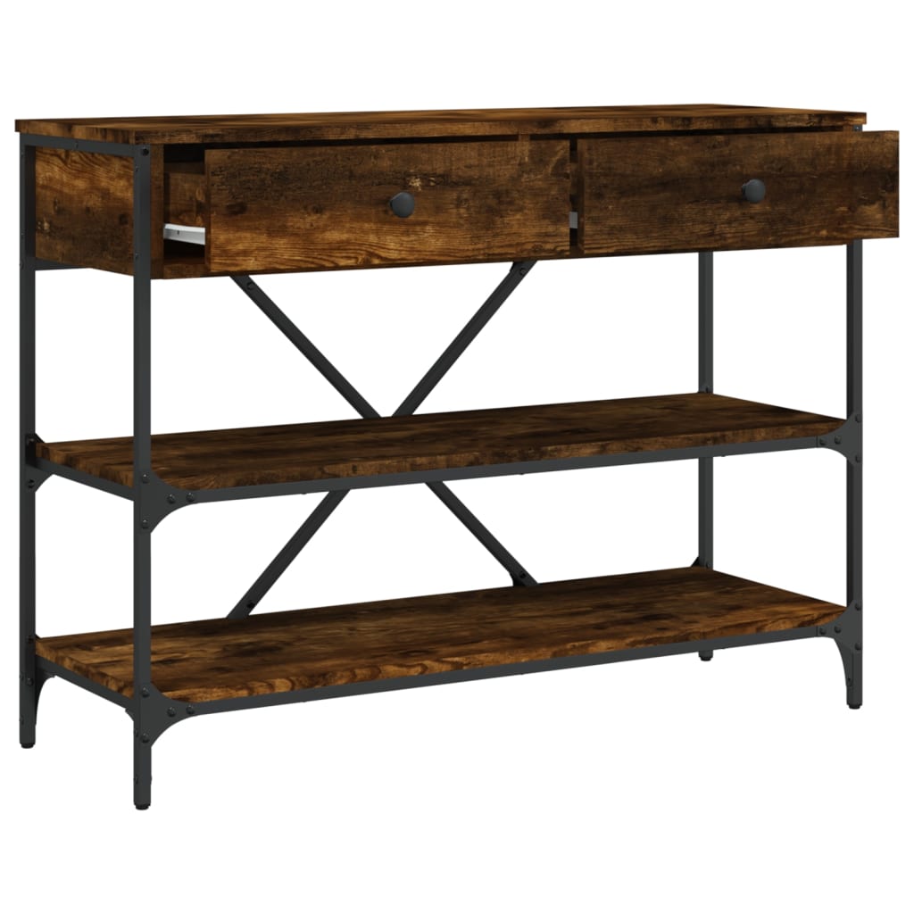 Wandtafel Met Lades En Schappen Bewerkt Hout Gerookt Eikenkleur