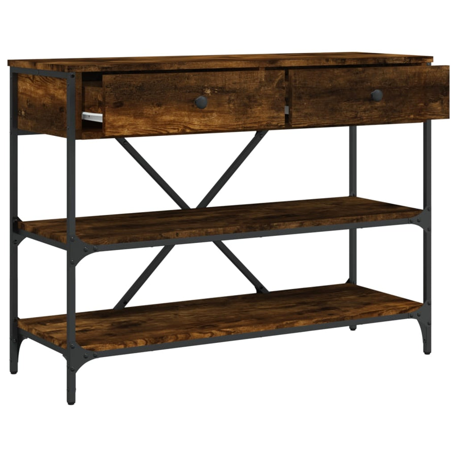Wandtafel Met Lades En Schappen Bewerkt Hout Gerookt Eikenkleur