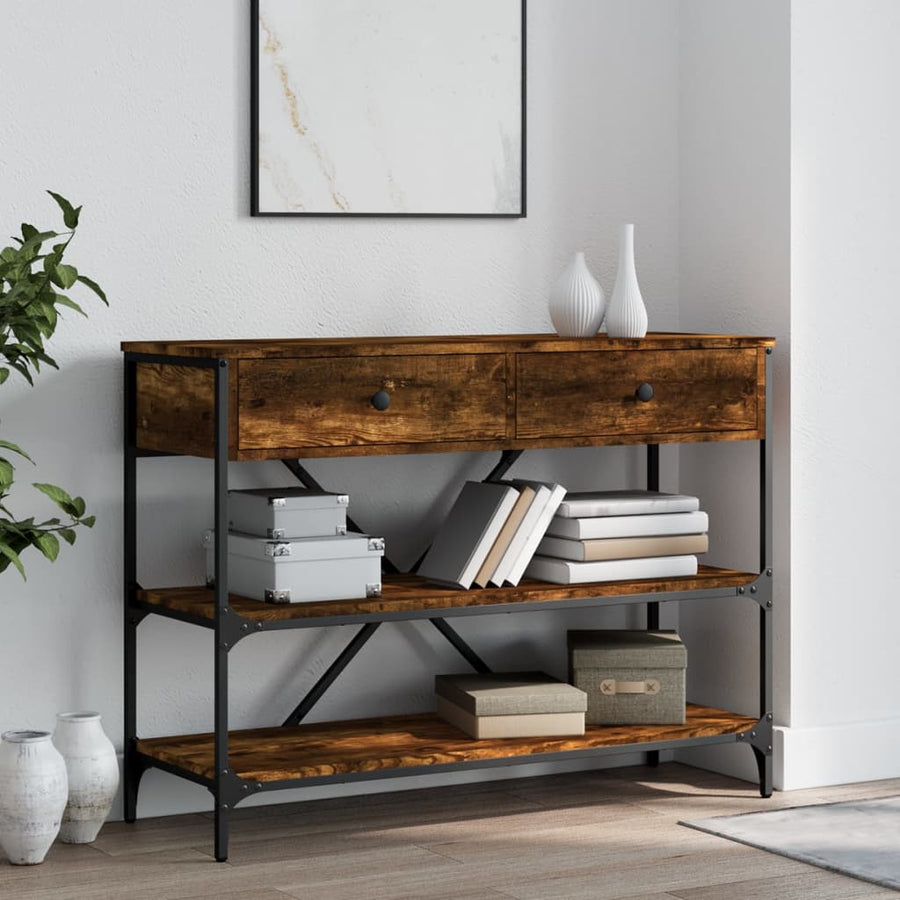 Wandtafel Met Lades En Schappen Bewerkt Hout Gerookt Eikenkleur