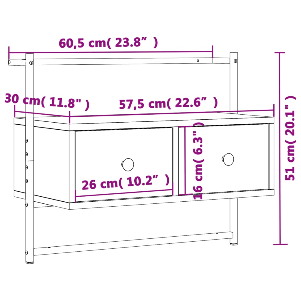 Tv-Meubel Wandgemonteerd 60,5X30X5 Cm Hout Eiken 60.5 x 30 x 51 cm Grijs sonoma