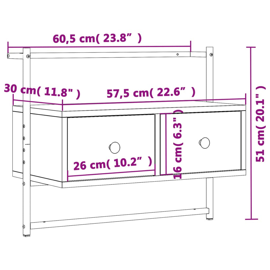 Tv-Meubel Wandgemonteerd 60,5X30X5 Cm Hout Eiken 60.5 x 30 x 51 cm Grijs sonoma