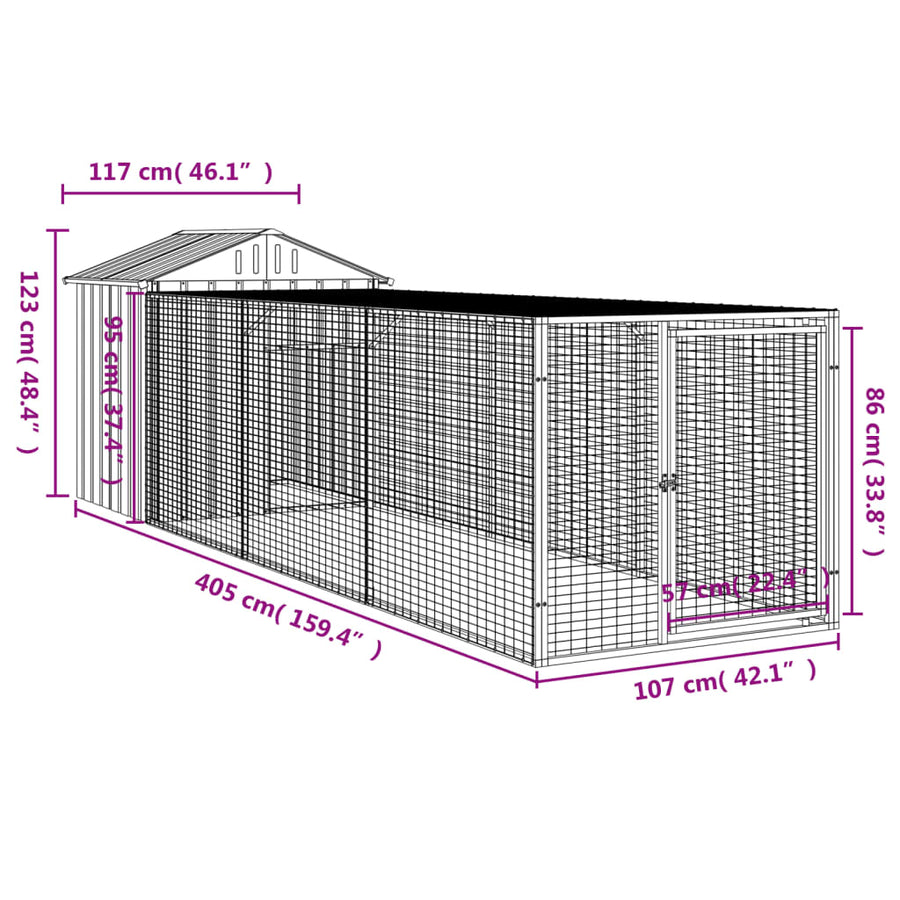 Kippenhok met ren 117x405x123 cm gegalvaniseerd staal antraciet