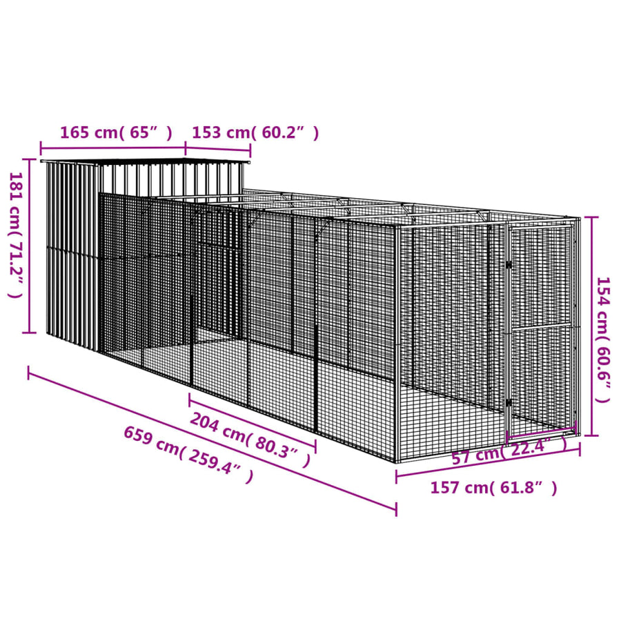 Hondenhok met ren 165x659x181 cm gegalvaniseerd staal grijs 165 x 659 x 181 cm Lichtgrijs