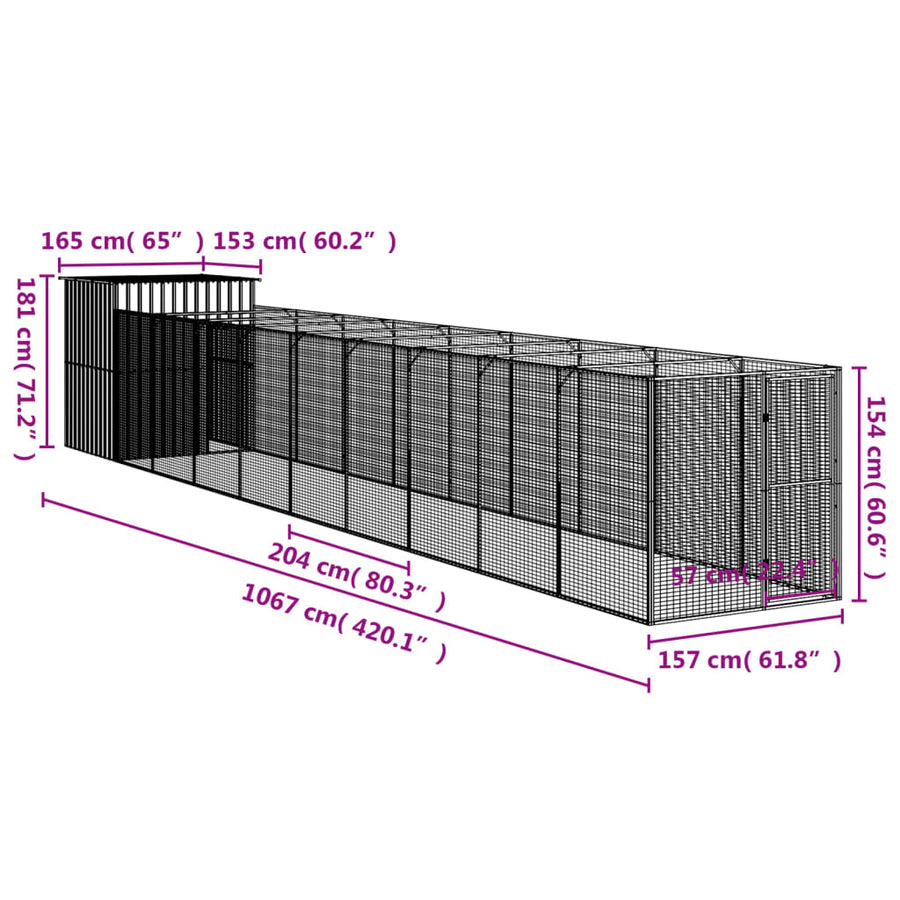 Hondenhok met ren 165x1.067x181 cm staal lichtgrijs 165 x 1067 x 181 cm Lichtgrijs