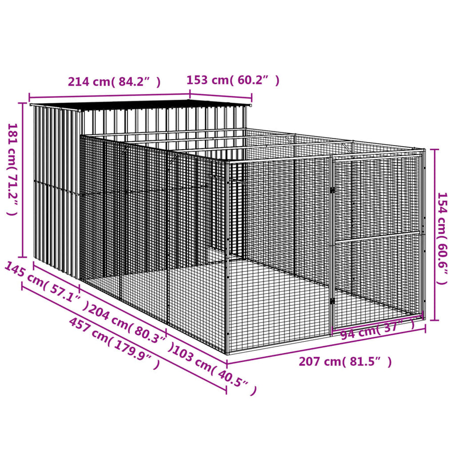 Hondenhok met ren 214x457x181 cm gegalvaniseerd staal antraciet 214 x 457 x 181 cm Antraciet
