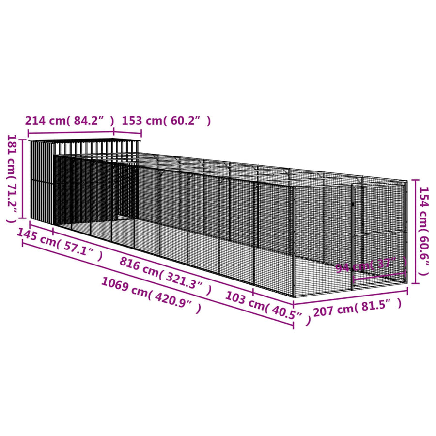 Hondenhok met ren 214x1069x181 cm staal antraciet 214 x 1069 x 181 cm Antraciet