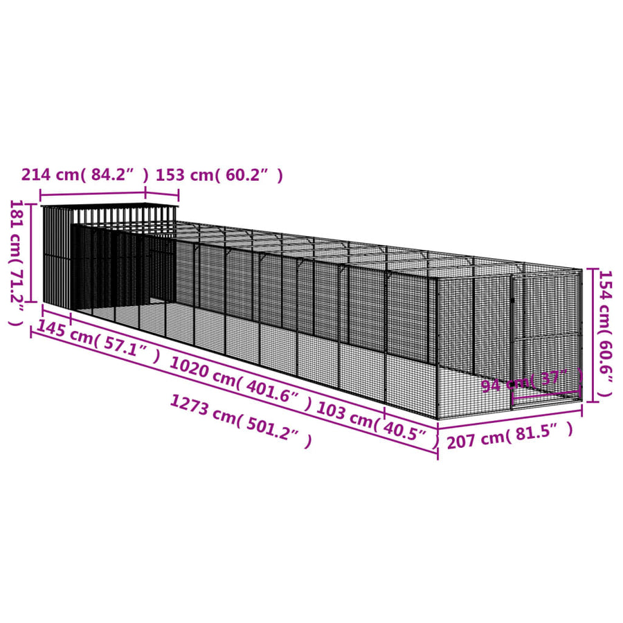 Hondenhok met ren 214x1273x181 cm staal antraciet 214 x 1273 x 181 cm Antraciet