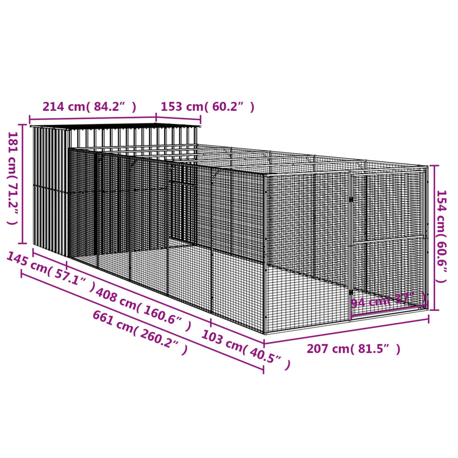 Hondenhok met ren 214x661x181 cm staal lichtgrijs 214 x 661 x 181 cm Lichtgrijs