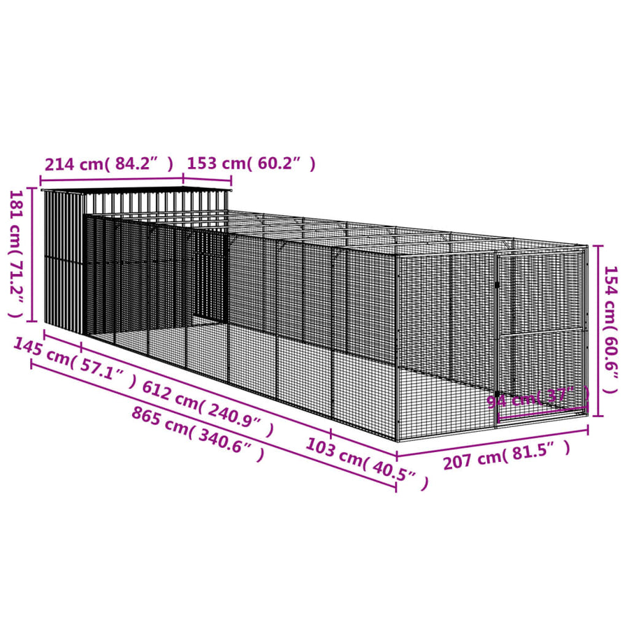 Hondenhok met ren 214x865x181 cm staal lichtgrijs 214 x 865 x 181 cm Lichtgrijs