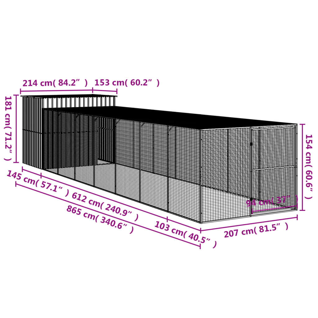 Hondenhok met ren 214x865x181 cm gegalvaniseerd staal antraciet 214 x 865 x 181 cm Antraciet
