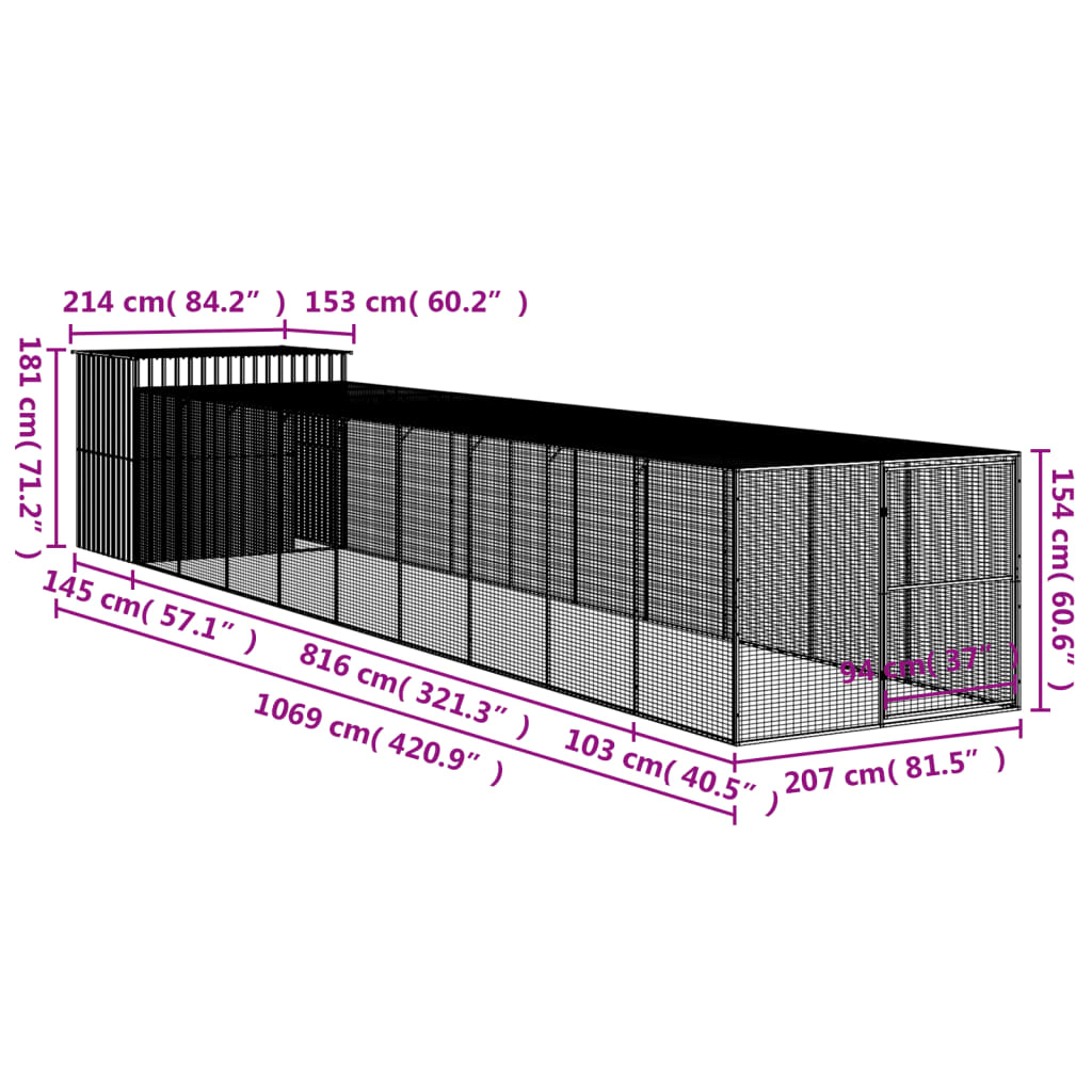 Hondenhok met ren 214x1069x181 cm staal lichtgrijs 214 x 1069 x 181 cm Lichtgrijs