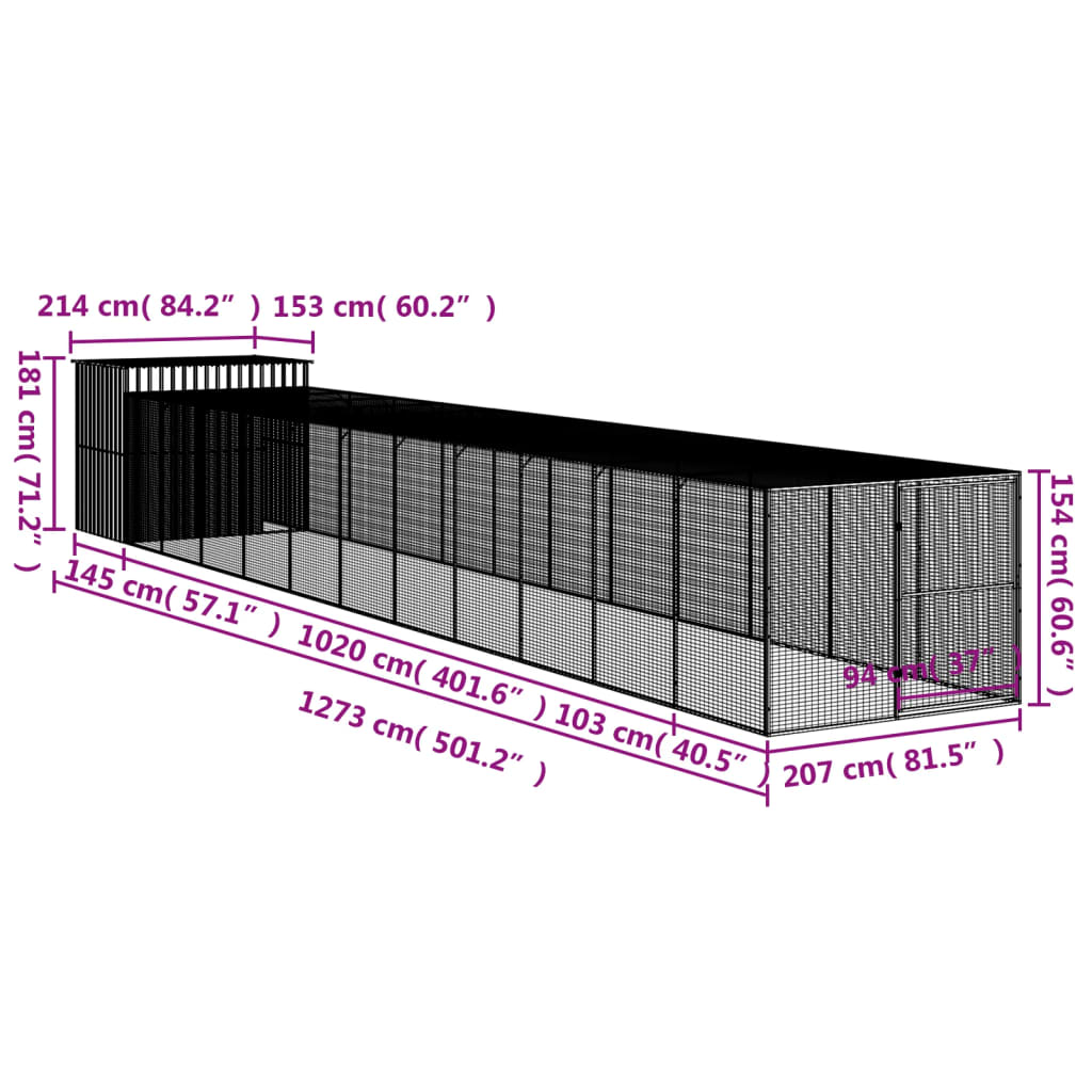 Hondenhok met ren 214x1273x181 cm staal lichtgrijs 214 x 1273 x 181 cm Lichtgrijs