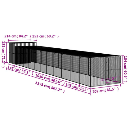 Hondenhok met ren 214x1273x181 cm staal lichtgrijs 214 x 1273 x 181 cm Lichtgrijs