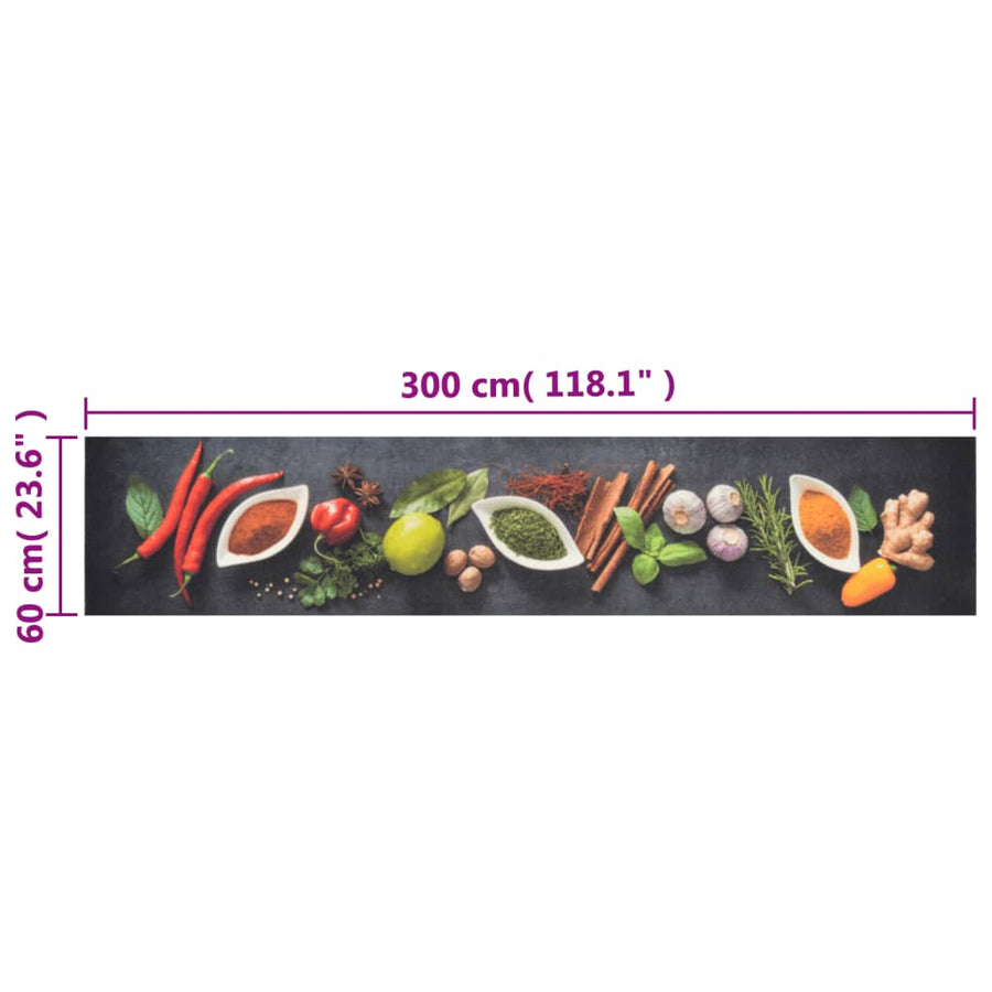Keukenmat Wasbaar Kruidenprint Fluweel 60 x 300 cm Donkergrijs