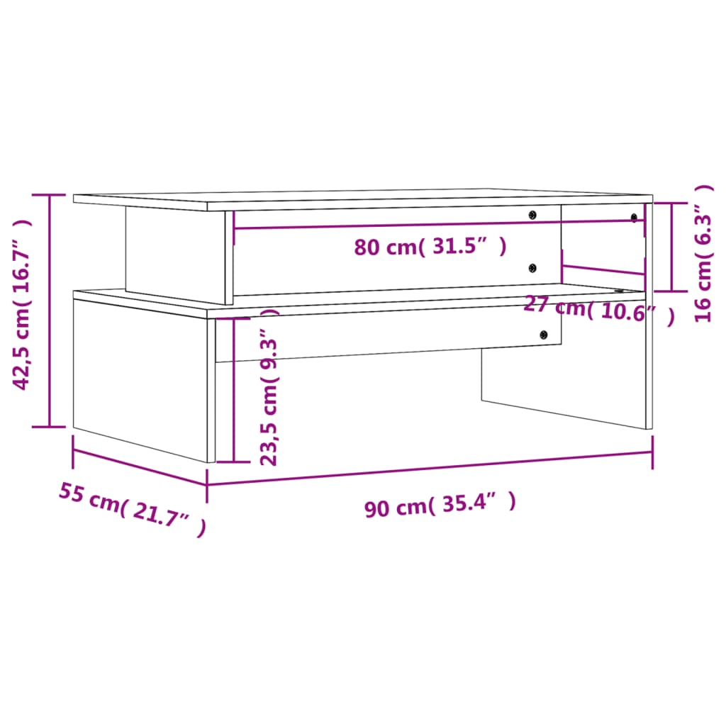 Salontafel 90X55X42,5 Cm Bewerkt Hout Eikenkleur Grijs sonoma