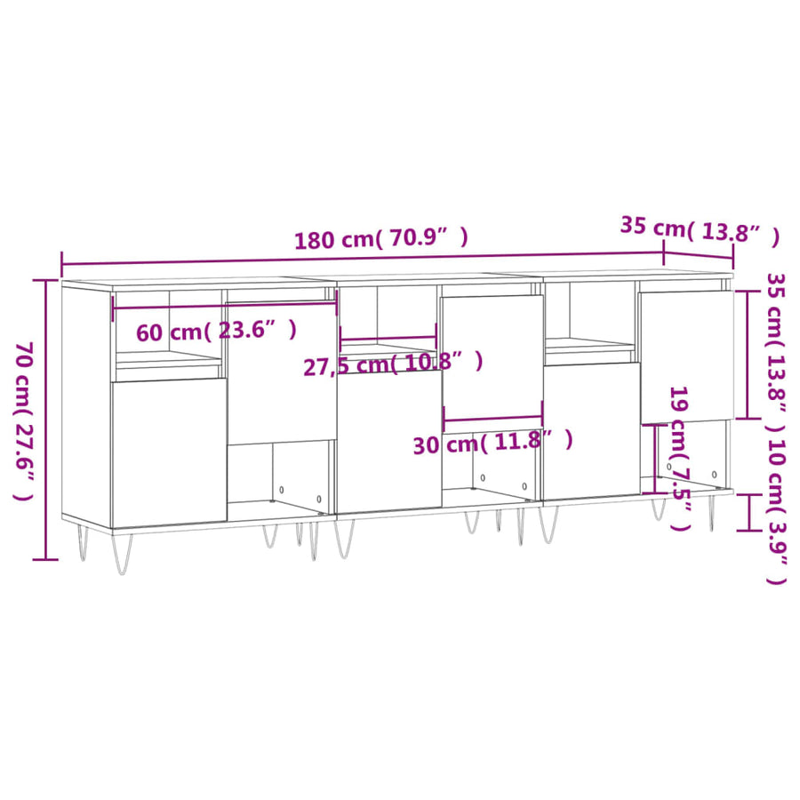 Dressoirs 3 St Bewerkt Hout Wit