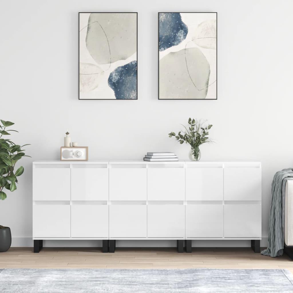 Dressoirs 3 St Bewerkt Hout Hoogglans Wit