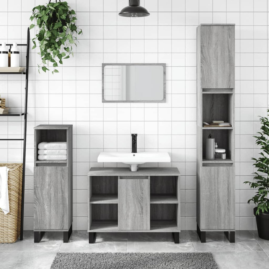 -Delige Badkamermeubelset Bewerkt Hout Eikenkleur Grijs sonoma