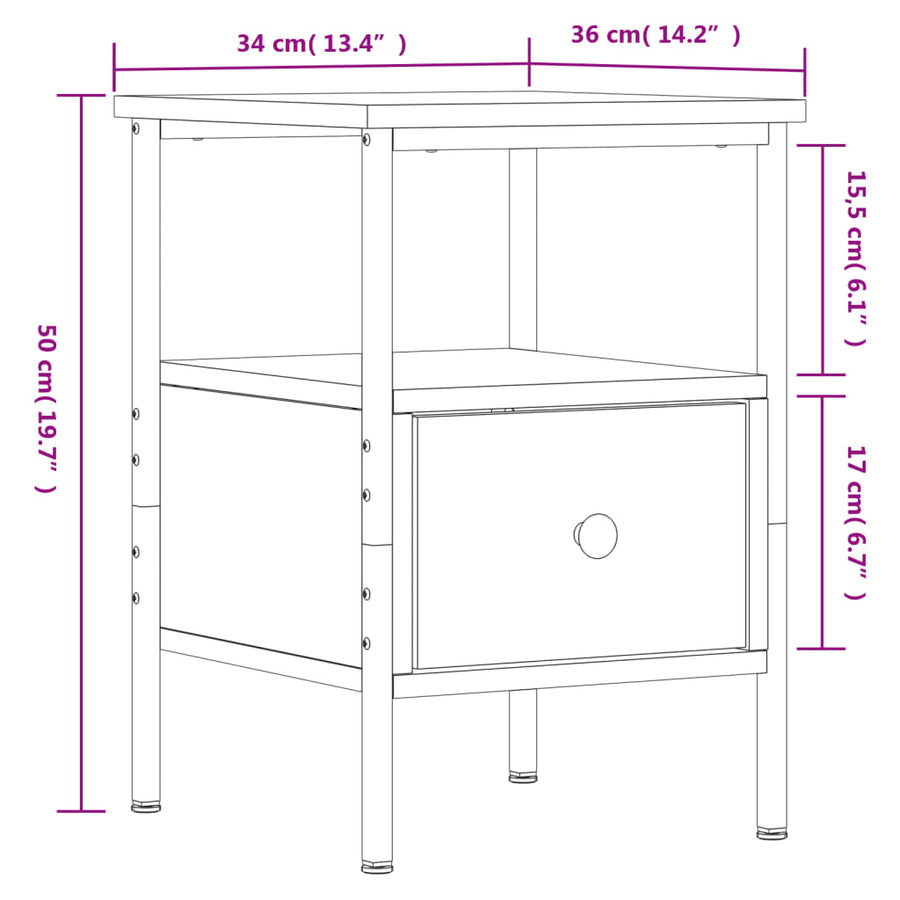 Nachtkastje 34x36x50 cm bewerkt hout kleurig 1 Sonoma eiken