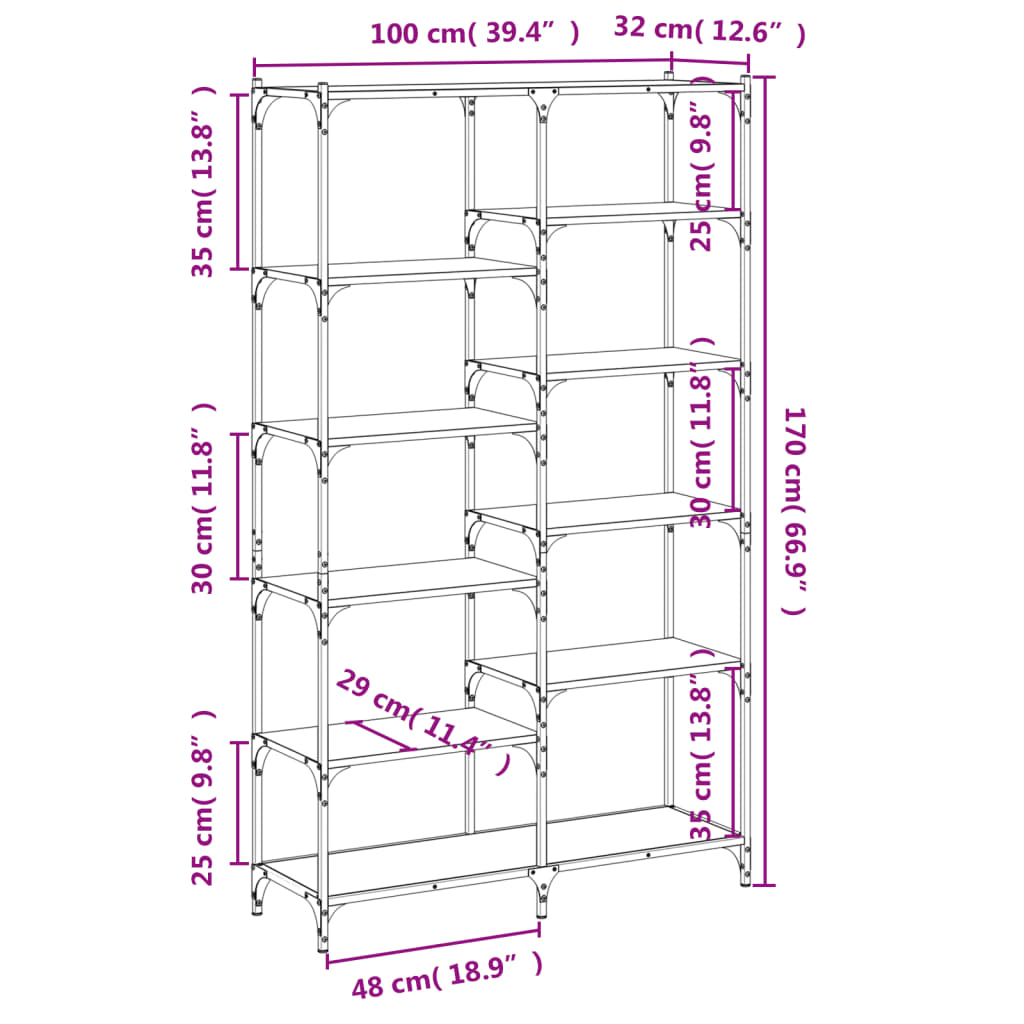 Boekenrek 100X32X170 Cm Bewerkt Hout En Ijzer Kleur Sonoma eiken