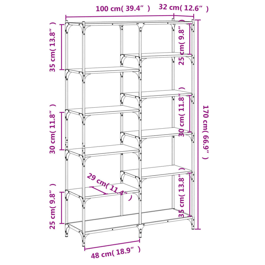 Boekenrek 100X32X170 Cm Bewerkt Hout En Ijzer Grijs Sonoma