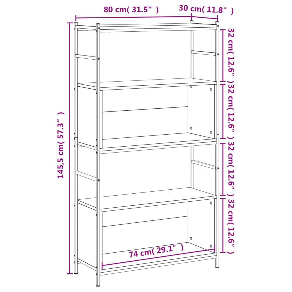 Boekenrek 80x30x145,5 cm bewerkt hout en ijzer gerookt eiken