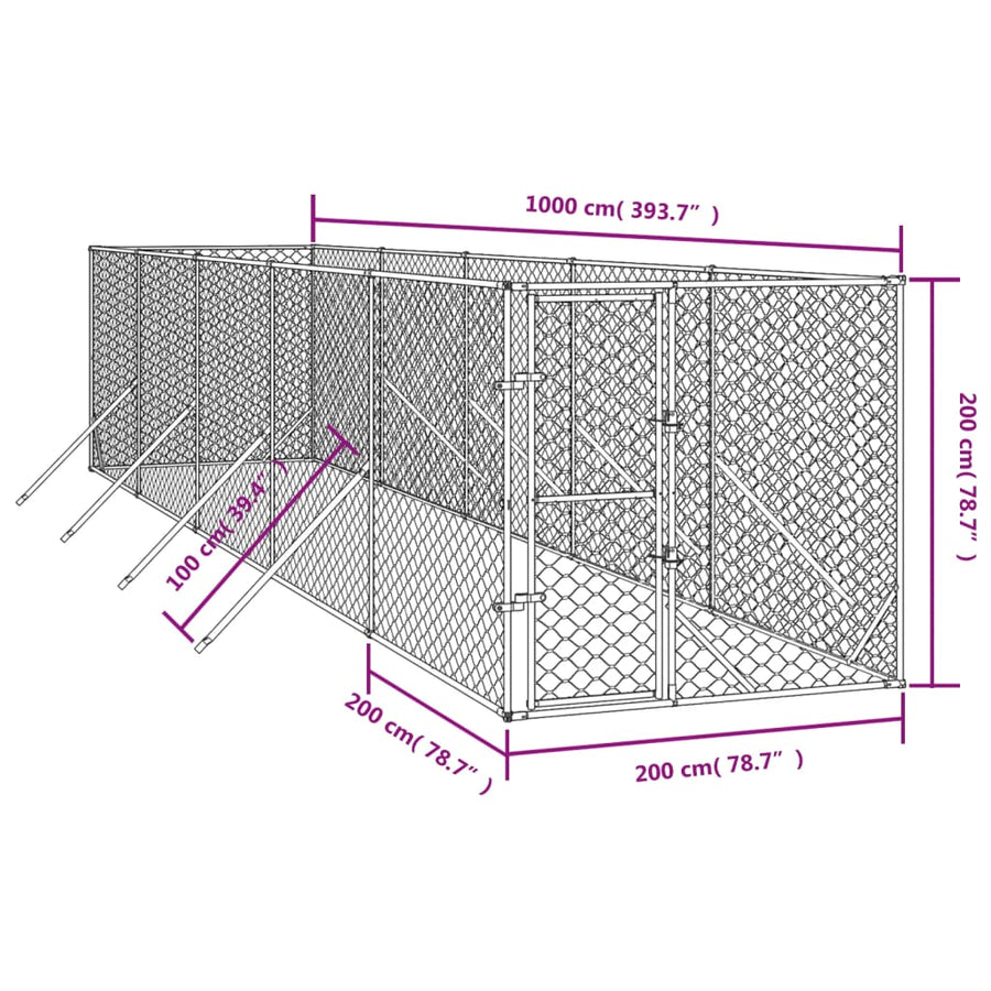 Hondenkennel Voor Buiten Gegalvaniseerd Staal Zilver 2 x 10 x 2 m