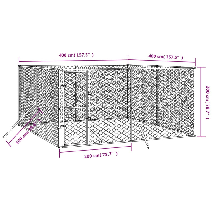 Hondenkennel Voor Buiten Gegalvaniseerd Staal Zilver 4 x 4 x 2 m