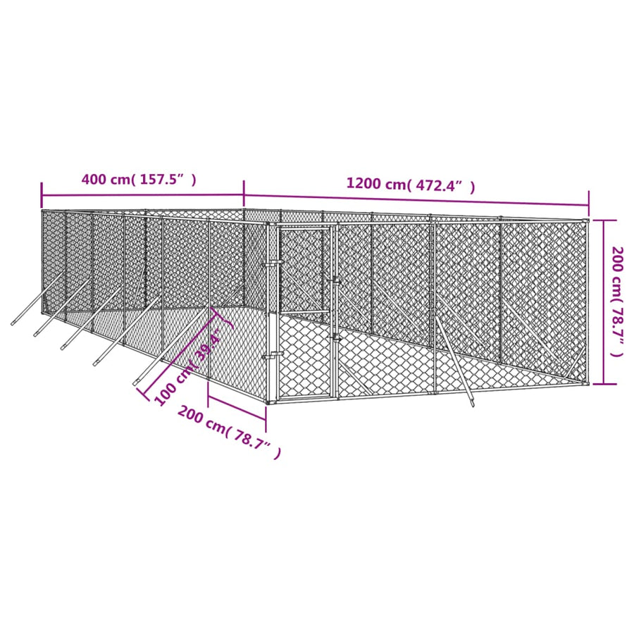 Hondenkennel Voor Buiten Gegalvaniseerd Staal Zilver 4 x 12 x 2 m