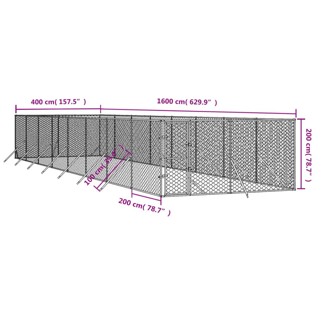 Hondenkennel Voor Buiten Gegalvaniseerd Staal Zilver 4 x 16 x 2 m