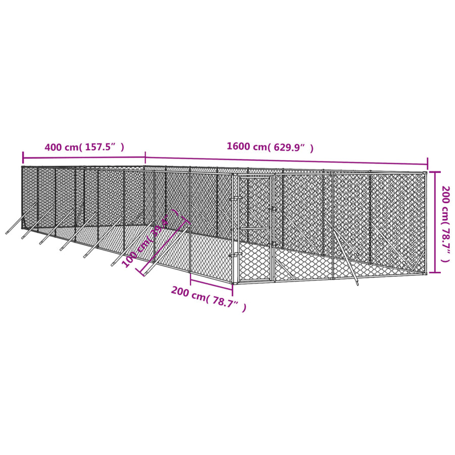 Hondenkennel Voor Buiten Gegalvaniseerd Staal Zilver 4 x 16 x 2 m