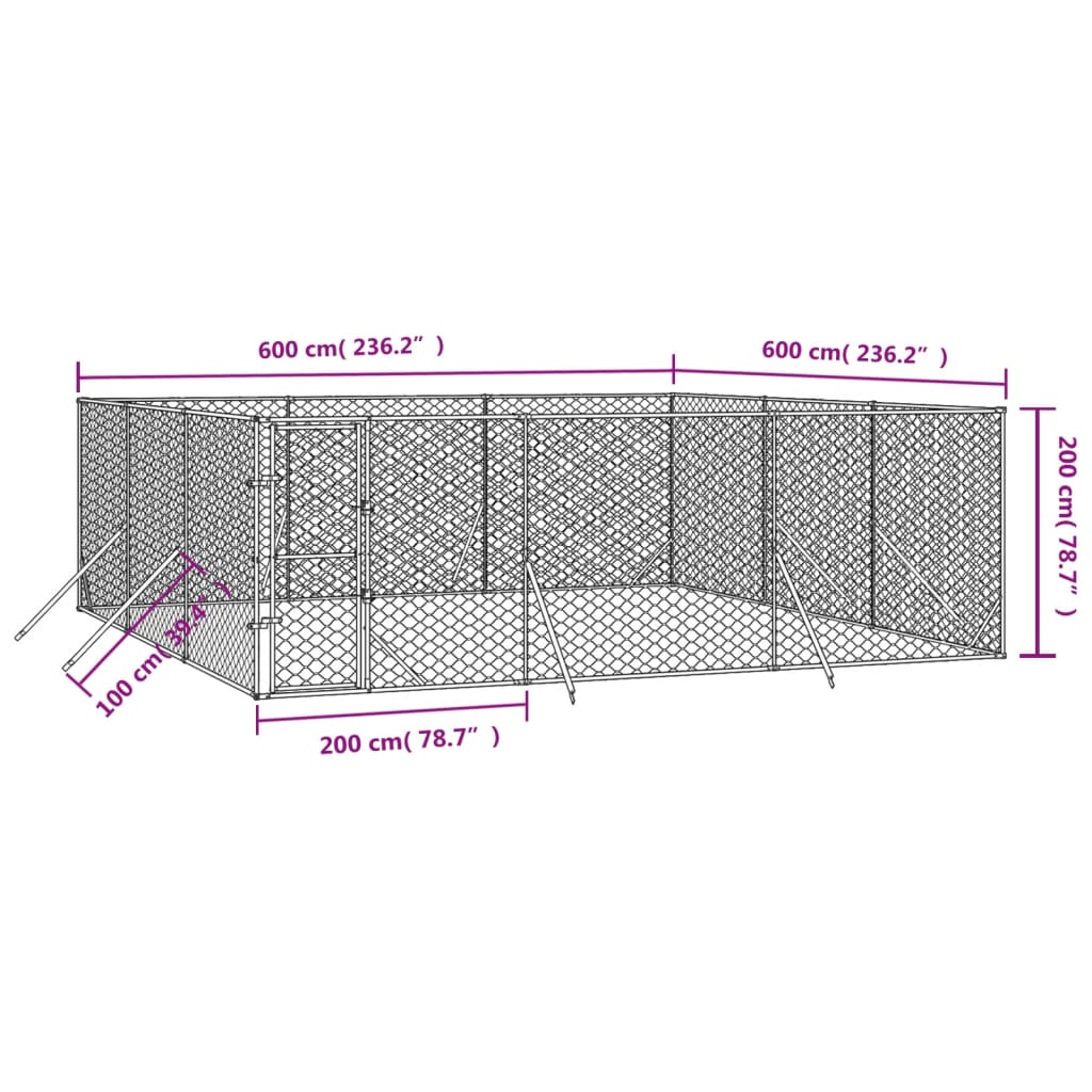 Hondenkennel Voor Buiten Gegalvaniseerd Staal Zilver 6 x 6 x 2 m