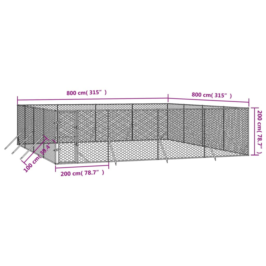 Hondenkennel Voor Buiten Gegalvaniseerd Staal Zilver 8 x 8 x 2 m