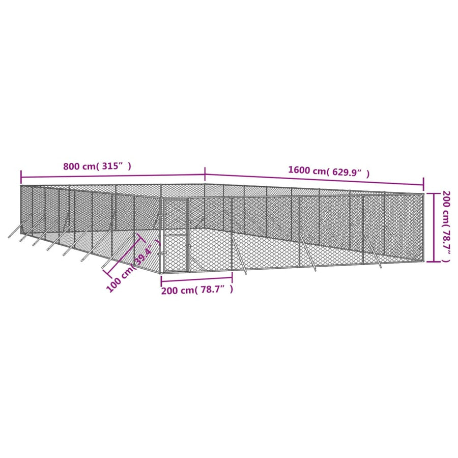 Hondenkennel Voor Buiten Gegalvaniseerd Staal Zilver 8 x 16 x 2 m