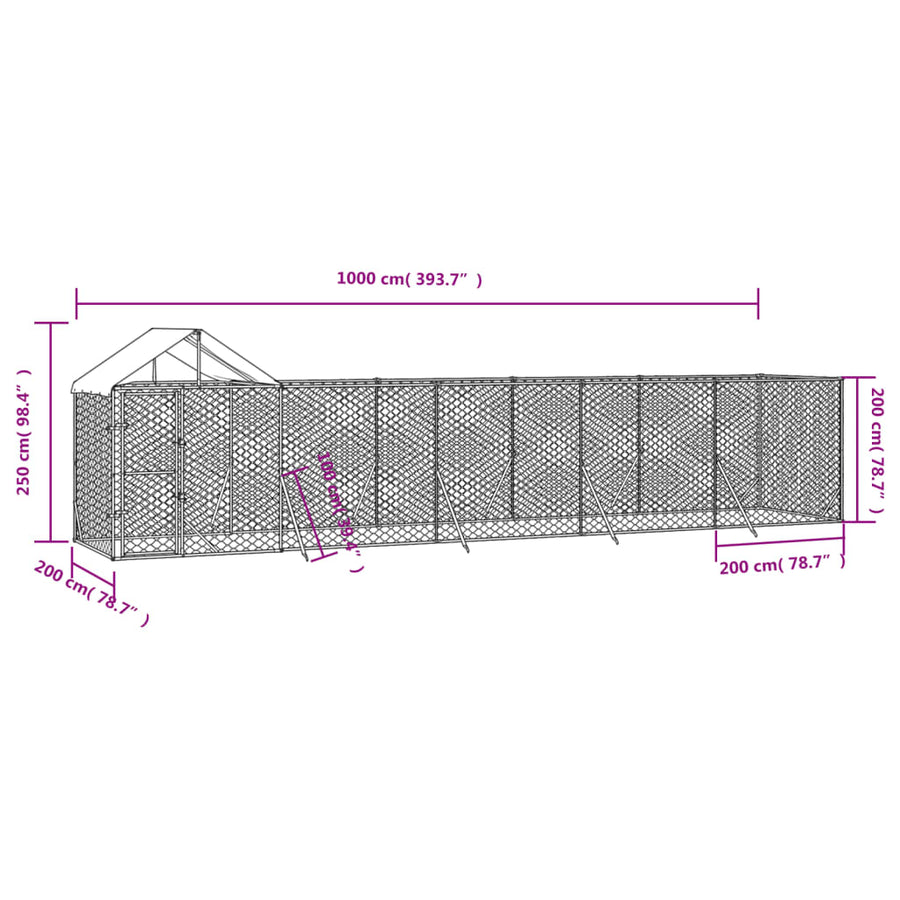 Hondenkennel Met Dak 10X2X2,5 M Gegalvaniseerd Staal Zilver 10 x 2 x 2.5 m