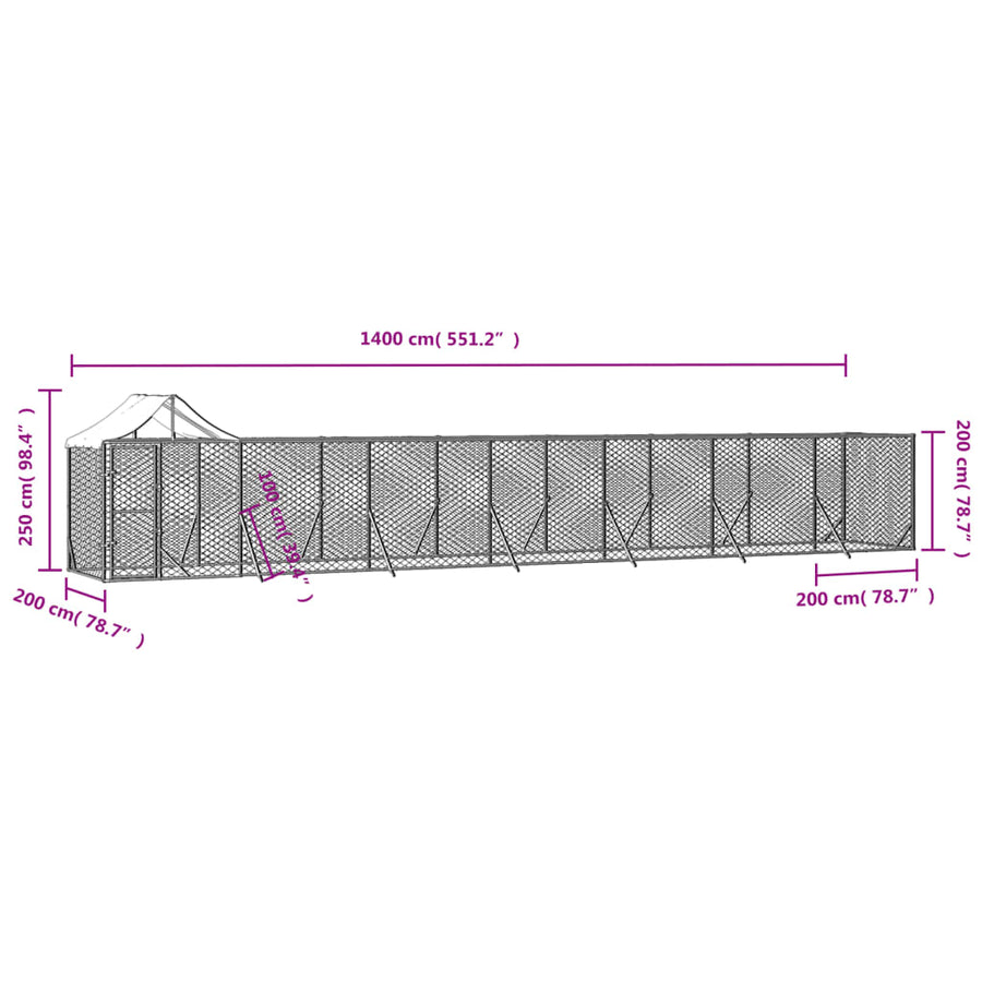 Hondenkennel Met Dak 14X2X2,5 M Gegalvaniseerd Staal Zilver 14 x 2 x 2.5 m