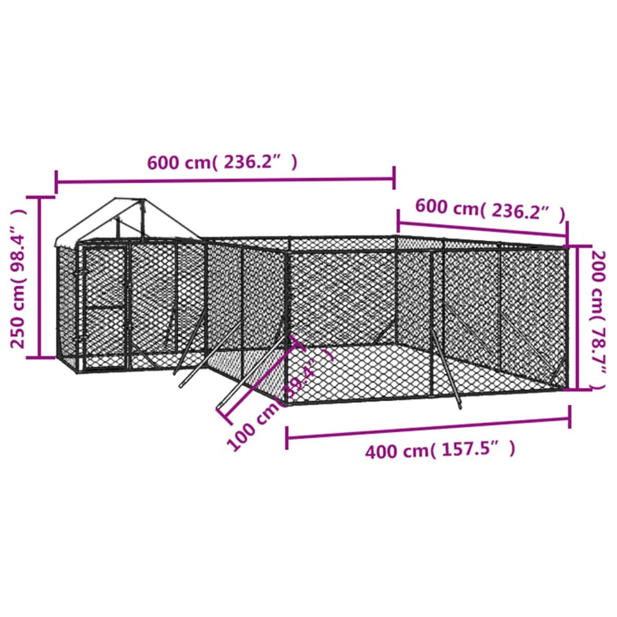 Hondenkennel met dak 6x6x2,5 m gegalvaniseerd staal zilver 6 x 6 x 2.5 m